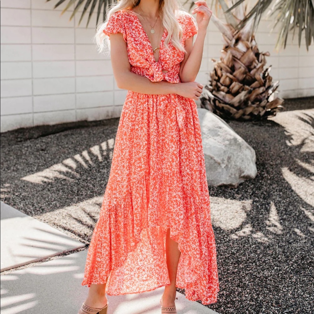 Red floral midi dress